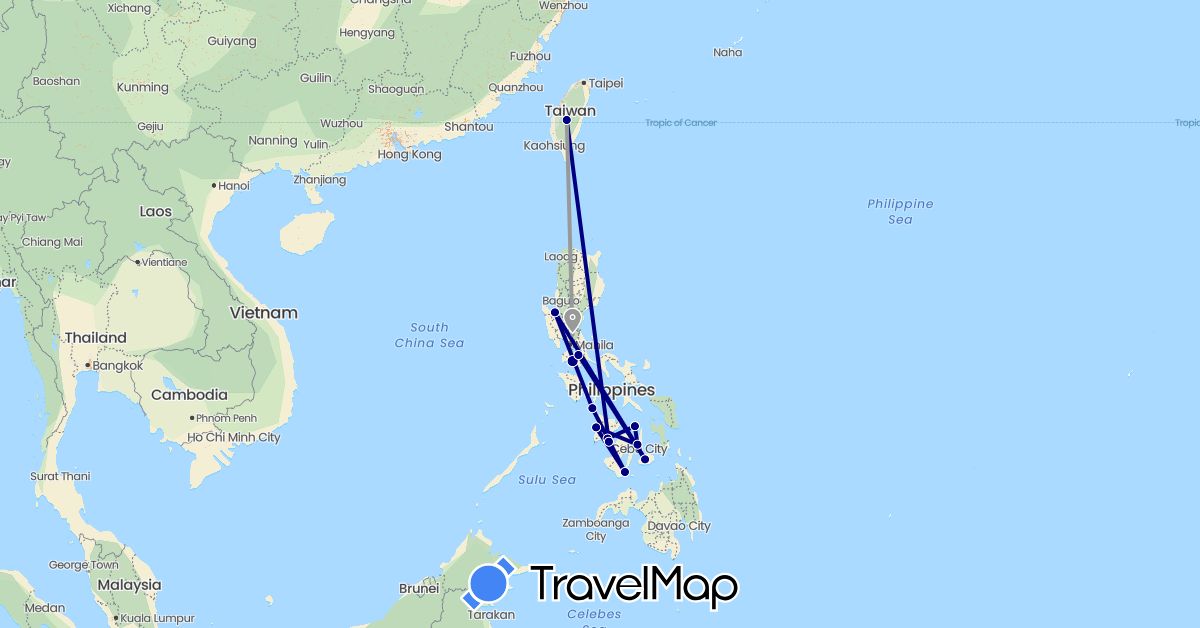 TravelMap itinerary: driving, plane in Philippines, Taiwan (Asia)